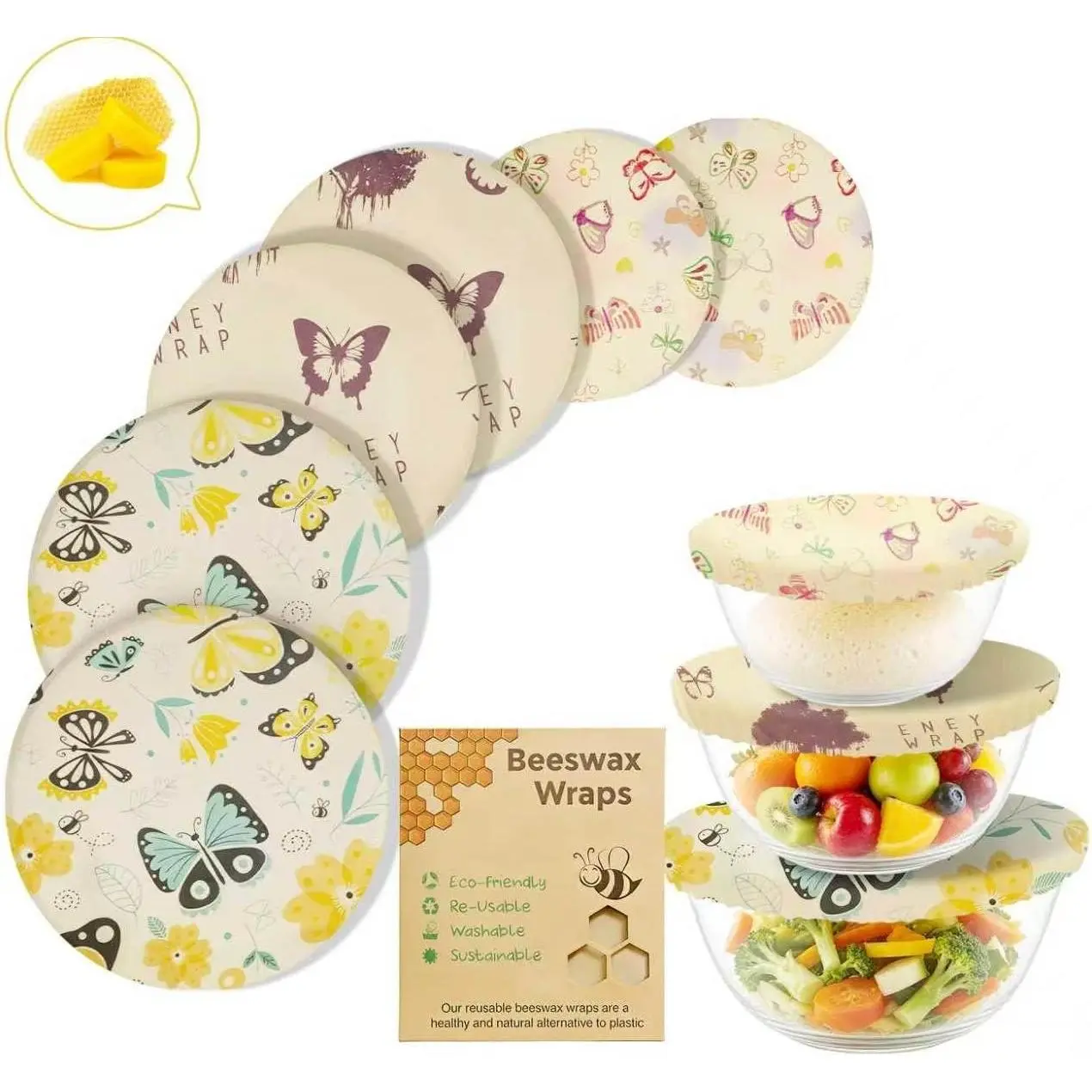 Beeswax Bowl Covers for Bread Proofing &  Storage,    &  Wax & , for Baking, Picnic, , Sustainable Kitchen (Butterfly001, 2*12''+2*10''+2*8'')