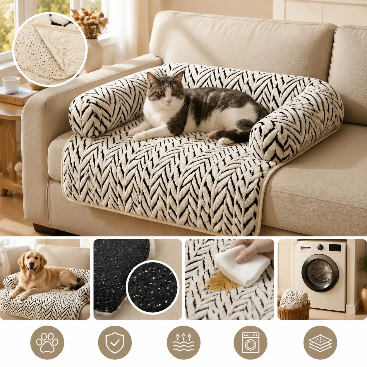 High-Quality Cat Dog Sofa Bed with Cushion, Plush Pet Sofa Bed, Indoor Anti-Slip Furniture Protector, Fashion Style, Puppy Bed