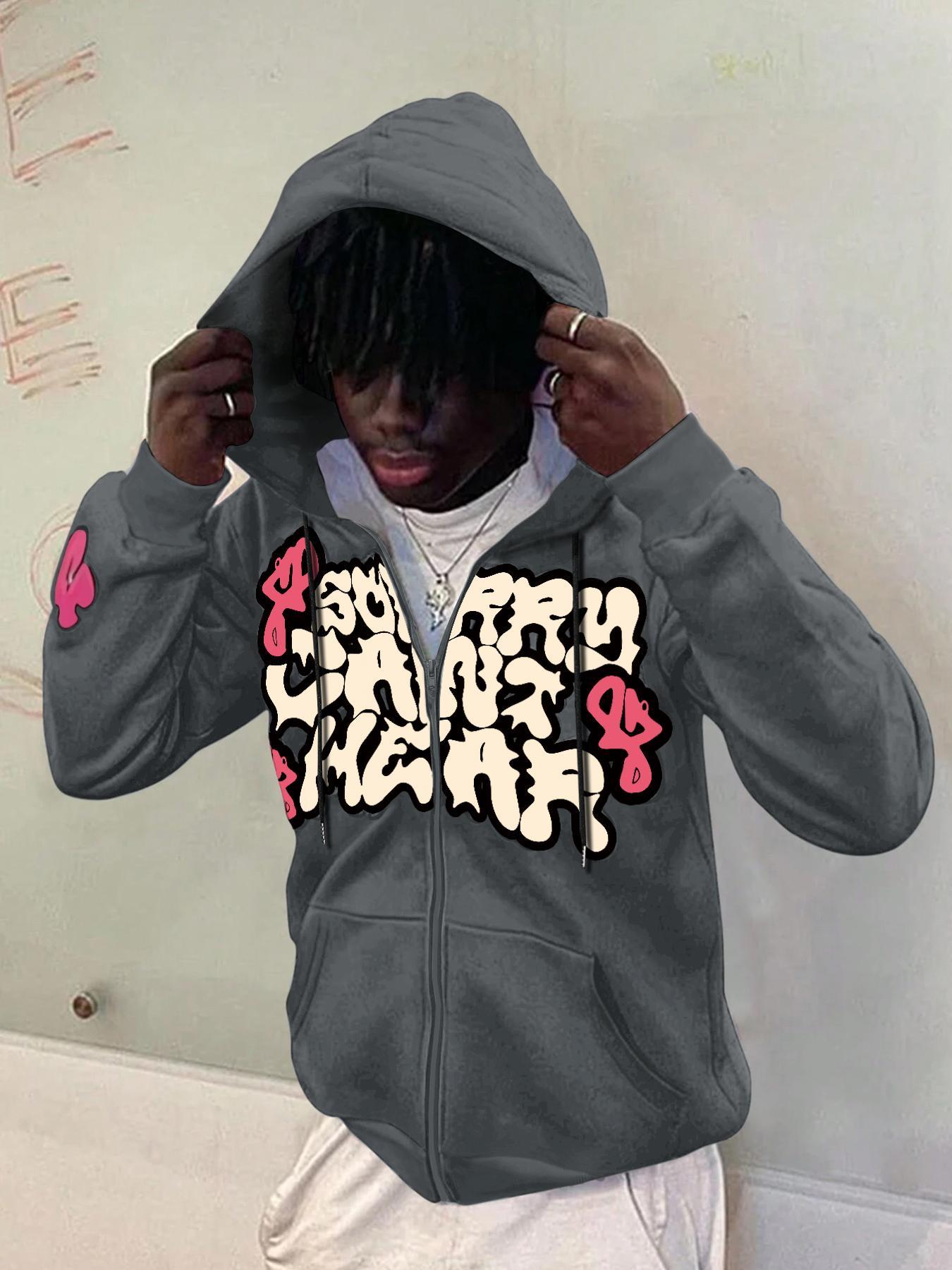 Men's Regular Fit Graphic Print Drop Shoulder Zip Up Hoodie, Fashion Casual Drawstring Pocket Plush Lined Hooded Sweatshirt for Daily Holiday Outdoor Wear, Men Clothes for Fall & Winter, Hooded Zipper Hoodie, Affirmation Zip Hoodie