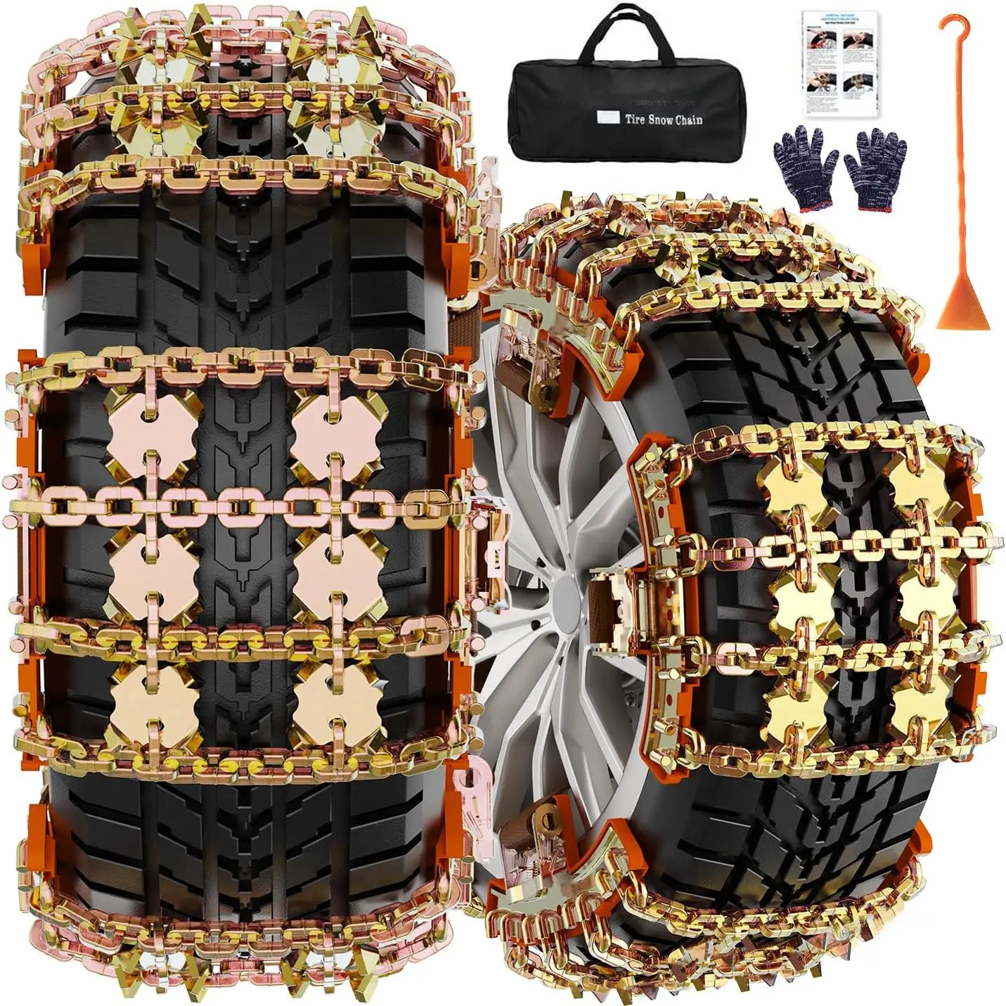 6-Pack Universal Size Anti-Skid Grip Snow Chains for Cars, SUVs, Pickup Trucks - Adjustable, Easy Install, Portable Pack Emergency Tire Chains for Tire Widths 175, 185, 195, 205, 215, 220, 225, 235, 240, 245, 255, 265