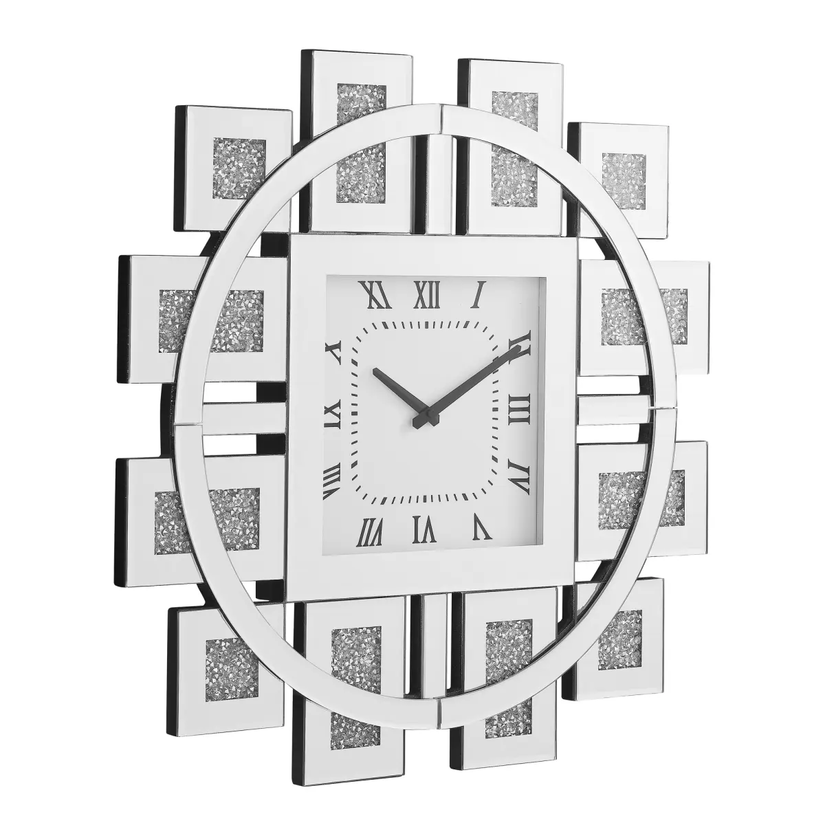 Art Deco Style Floating Crystal Quartz Silent Analog Clock with Roman Numerals, Beveled Mirror, Glass-MDF Box - 23.6x23.6" Durable Modern Geometric Modern Glam Wall Decor for Entryway, Bedroom Office