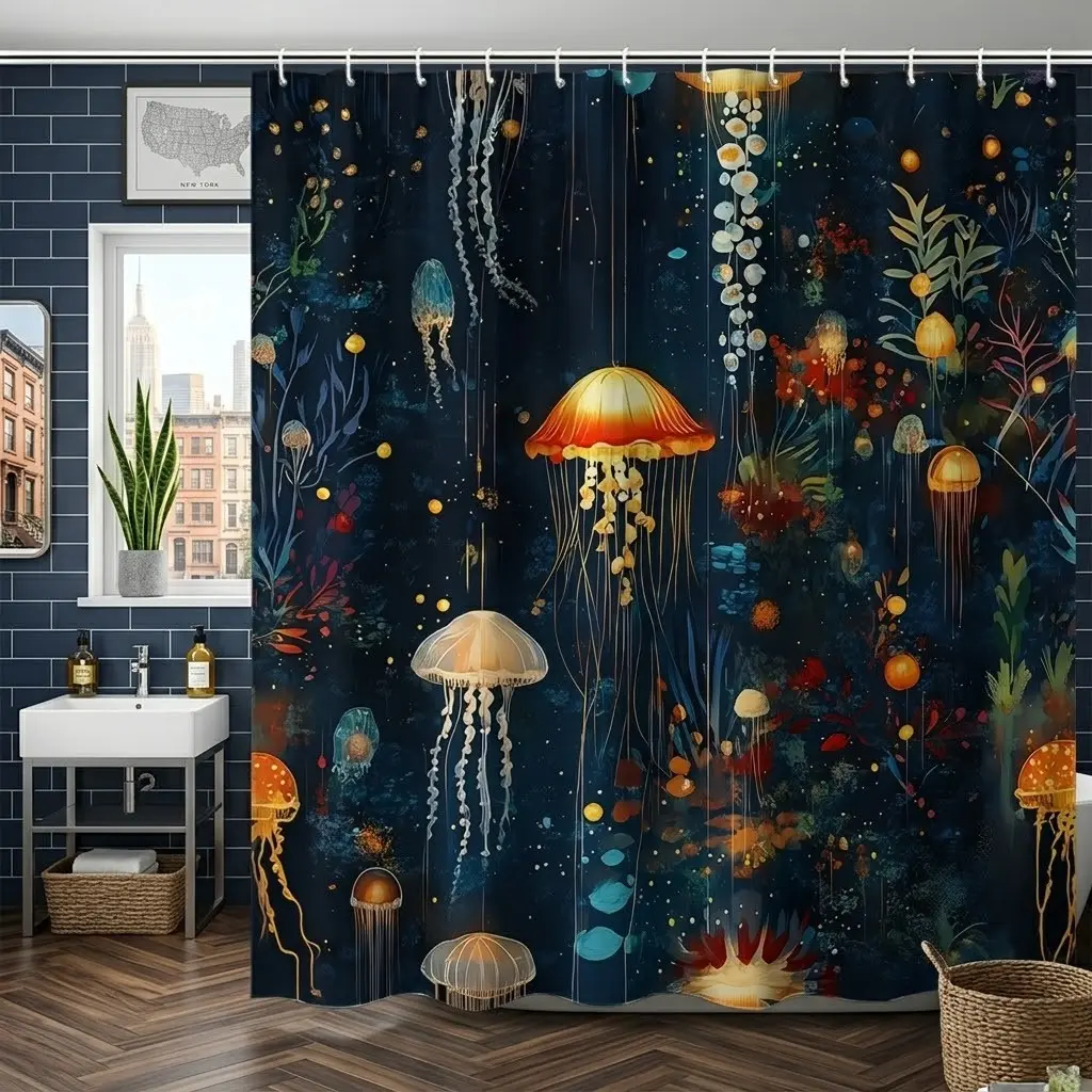 1pcs Colorful Jellyfish Deep Ocean Shower Curtain, Dark Blue Underwater Seaweed Sparkle Marine Art Print Bathroom Curtain, Dreamy Ocean Decor For Holiday Home Bath Interior Decoration