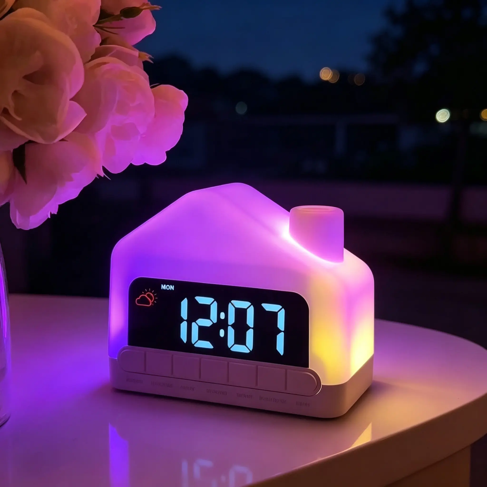 House Shaped Digital Alarm Clock with RGB Color Changing Ambient Night Light, Dual Alarms Desk Clock with Snooze & Dimmable Display, Multifunctional Bedside Clock with Music Play for Bedroom Home Decor