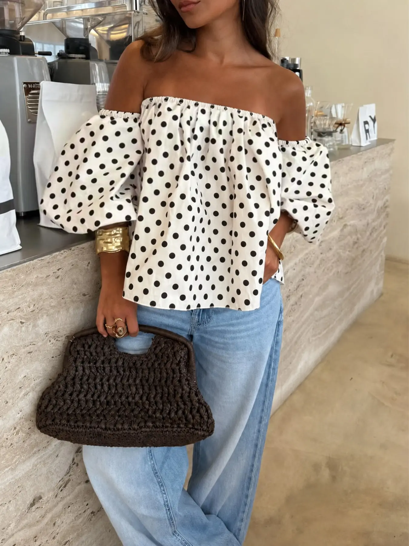 Polka Dot Off-Shoulder Bubble Sleeve Top, Vintage Y2K Summer Breathable Shirt Blouse, Women's Loose Casual Daily/beach Wear, Elegant Chic Aesthetic Style Fashion, Casual Loose Tops