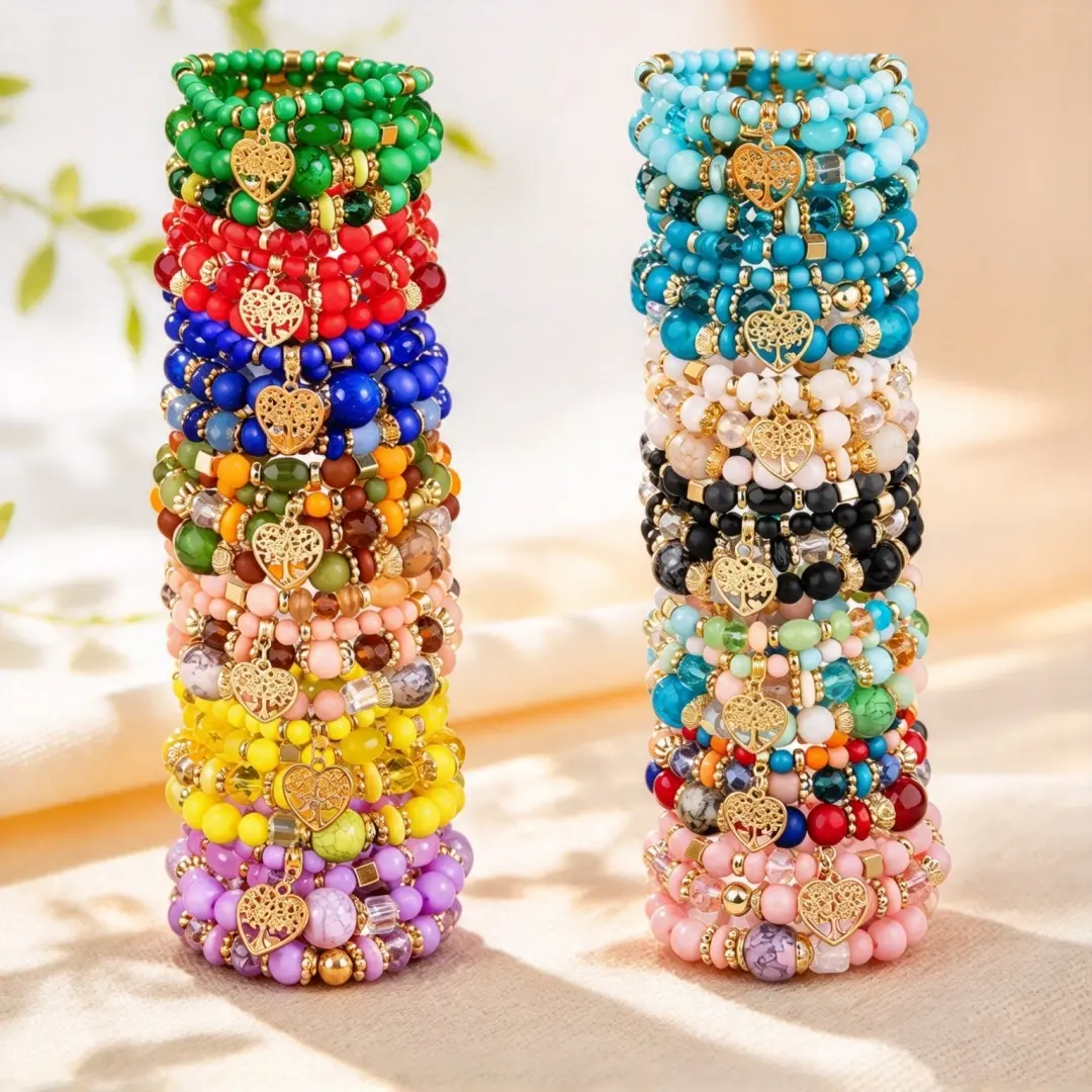 8-20Pcs Boho Beaded Stackable Bracelets for Women, Multi Color Layered Stretch Bracelet Set with Heart Tree Charms, Bohemian Handmade Statement Wrist Jewelry, Valentine Gift