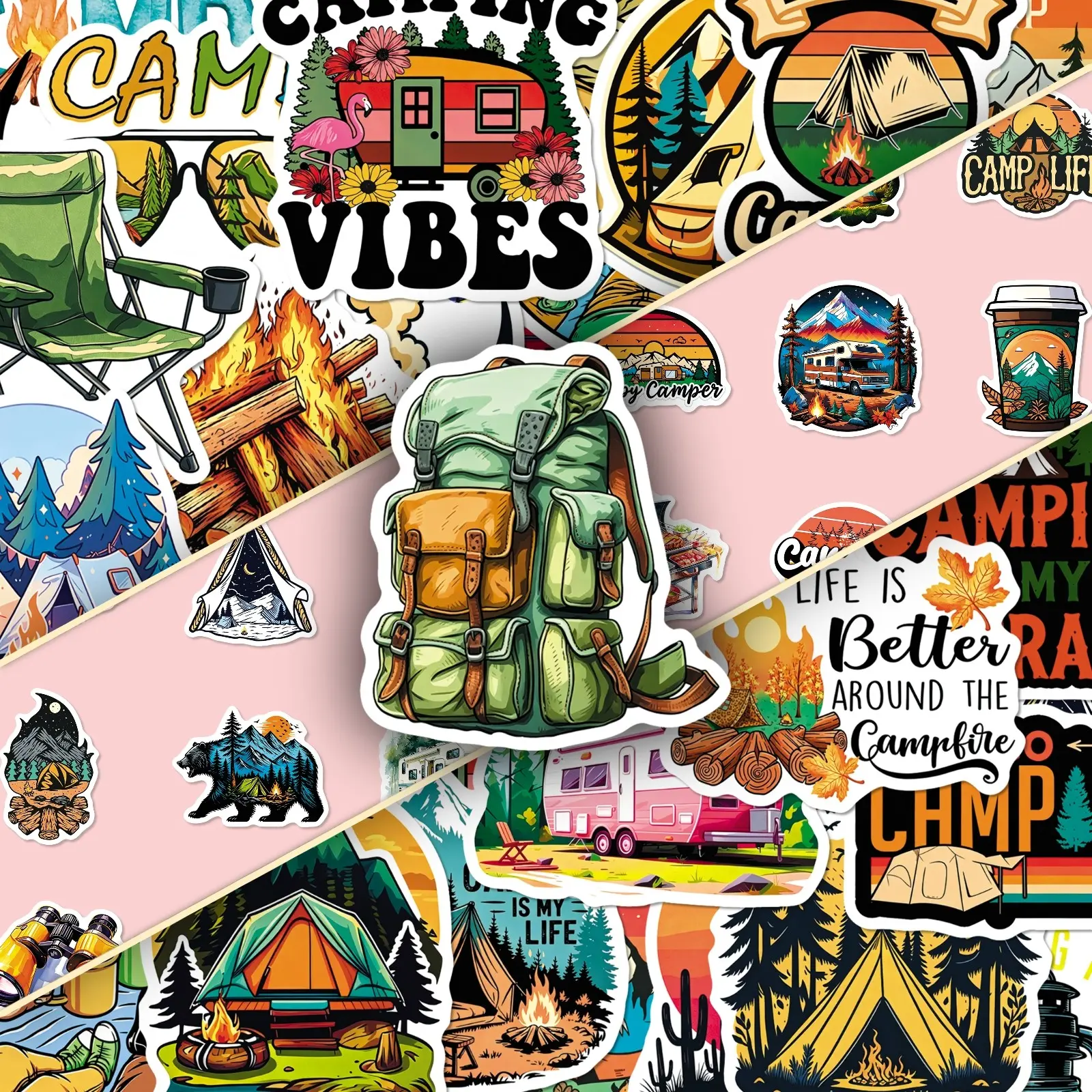 50 Pack Camping Adventure Forest Scenery Stickers, Outdoor Mountain Hiking Aesthetic Vinyl Decals for Water Bottle, Phone Case, Skateboard, Laptop