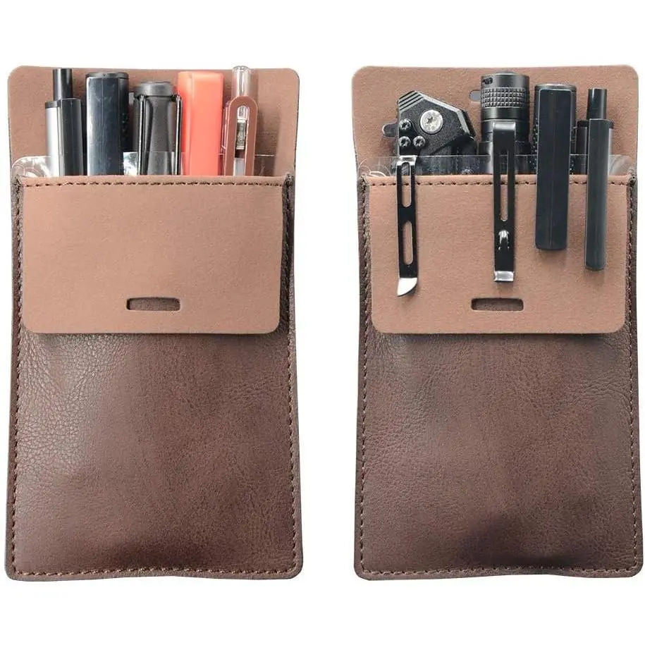 Pocket Protector, Leather Pen Pouch Holder Organizer, for Shirts Lab Coats, Hold 5 Pens, Designed to Keep Pens Inside When Bend Down. No Breaking of Pen Clip. Thick PU Leather, 2 Per Pack.