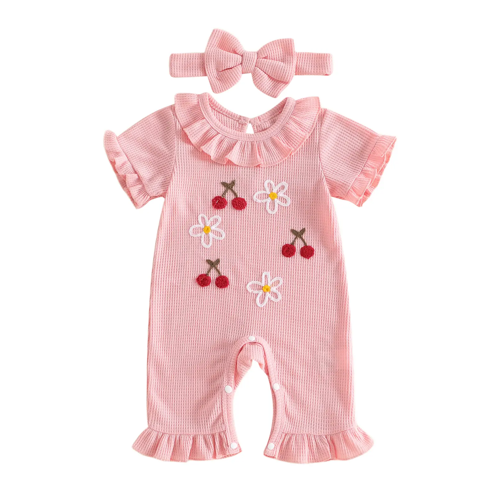 Babamoon 100% Polyester Newborn Baby Girls' Short-Sleeve Round-Neck Cherry Embroidery Romper and Headband Set, Infant Bodysuit Outfit