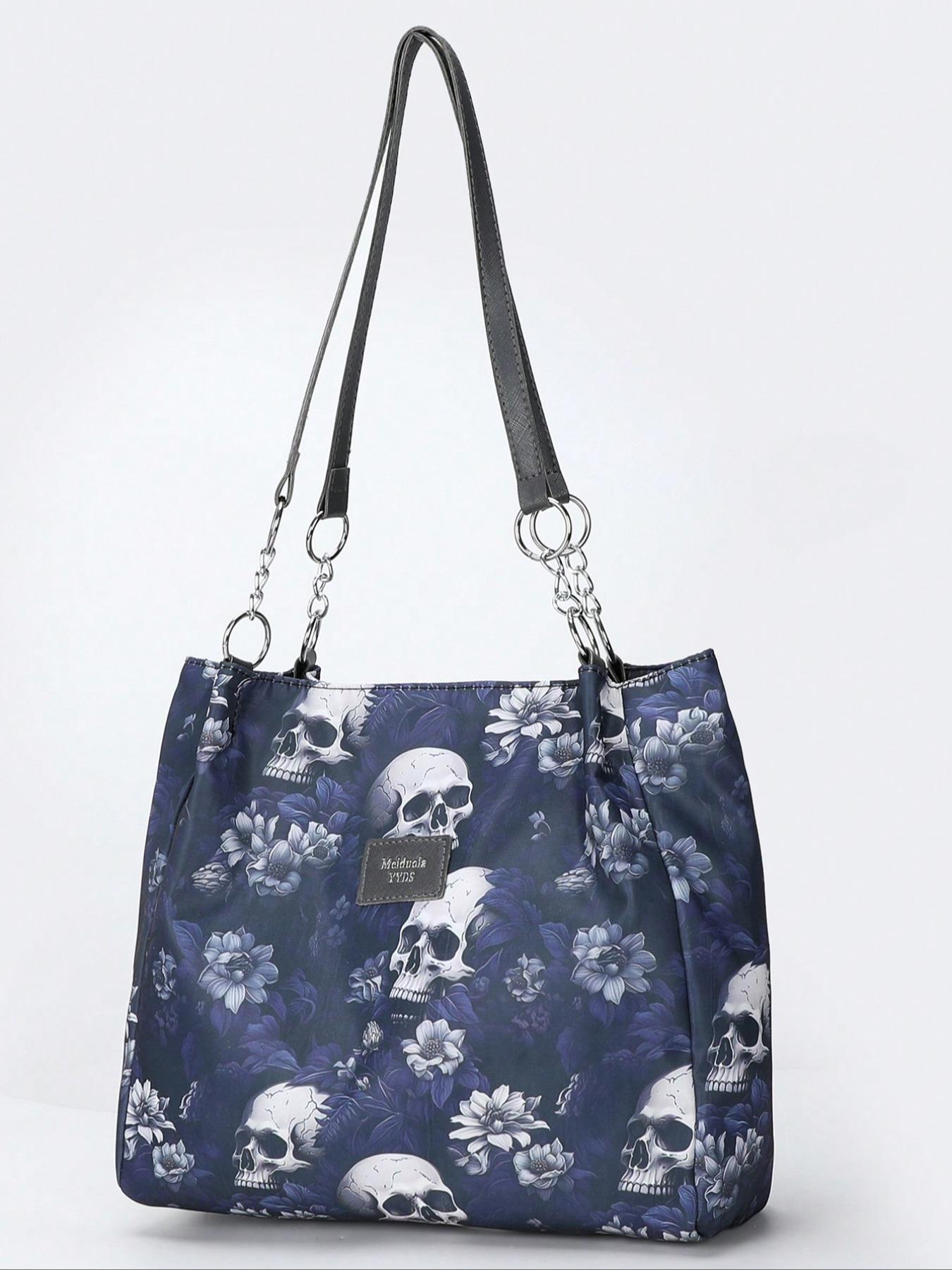 Fashion Skull & Flower Pattern Zipper Shoulder Bag, Casual Large Capacity Tote Bag for Women, Trendy All-match Bag for Daily Use,  Work Bags