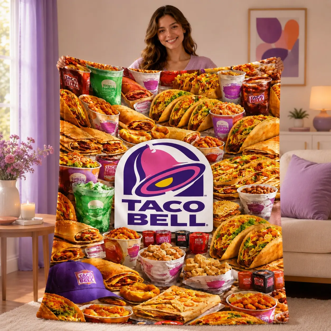 1pc Taco Bell Food Print Fleece Blanket, Rich Mexican Tacos Burritos Drinks Snacks Surround Brand Logo All Over Print. Soft Warm Multi-use Throw for Sofa, Bed, Office, Leisure Space, Camping Trip, Ideal Christmas & Birthday Gift.