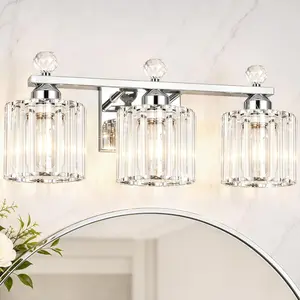 Modern Crystal Bathroom Vanity Light, 3-Lights Bathroom Light Fixtures, 19.34In Chrome Vanity Light Fixtures Over Mirror, Easy Installation & Dimmable Lighting