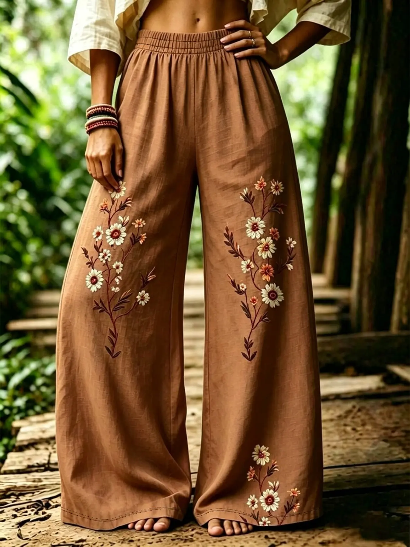 Women's Vintage Floral Wide Leg Pants, Elastic High Waist Long Trousers, Bohemian Vacation Casual Loose Straight Pants