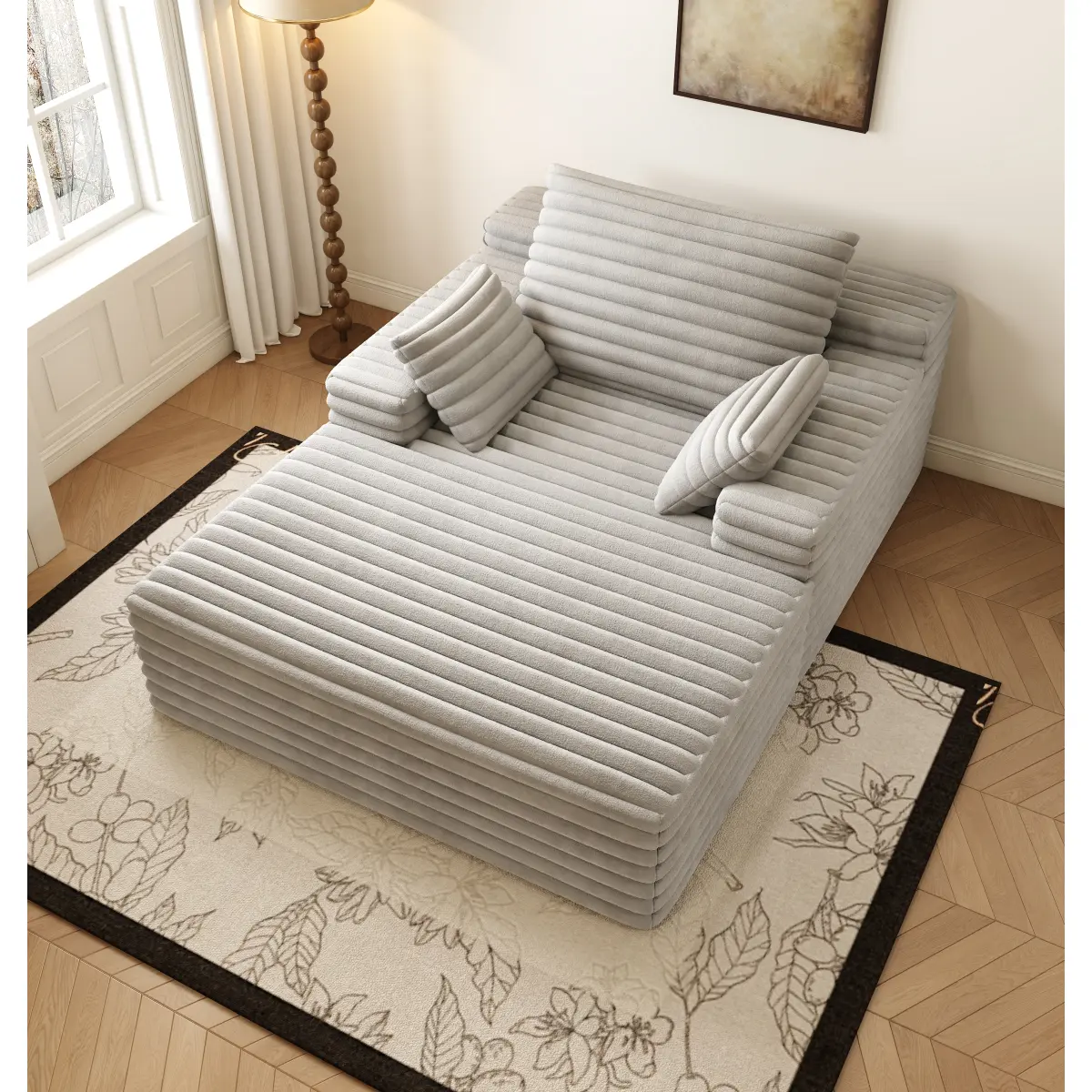 Grey Oversized Ribbed Corduroy Chaise Lounge Chair - Cloud Soft Sofa, Indoor Lounge Furniture, High-Density Sponge, 600LBS Capacity, Ergonomic 3-Pillow Recliner, No Assembly, Vacuum-Compressed Space-Saving Single Sofa for Living Room, Home Theater