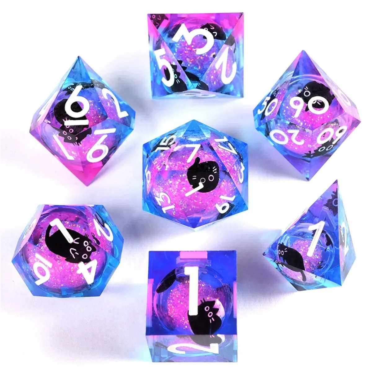 Cat Theme Liquid Core Dnd Dice Set, 7 Polyhedral Dice, Perfect for Role Playing Games, Unique Gaming Accessories