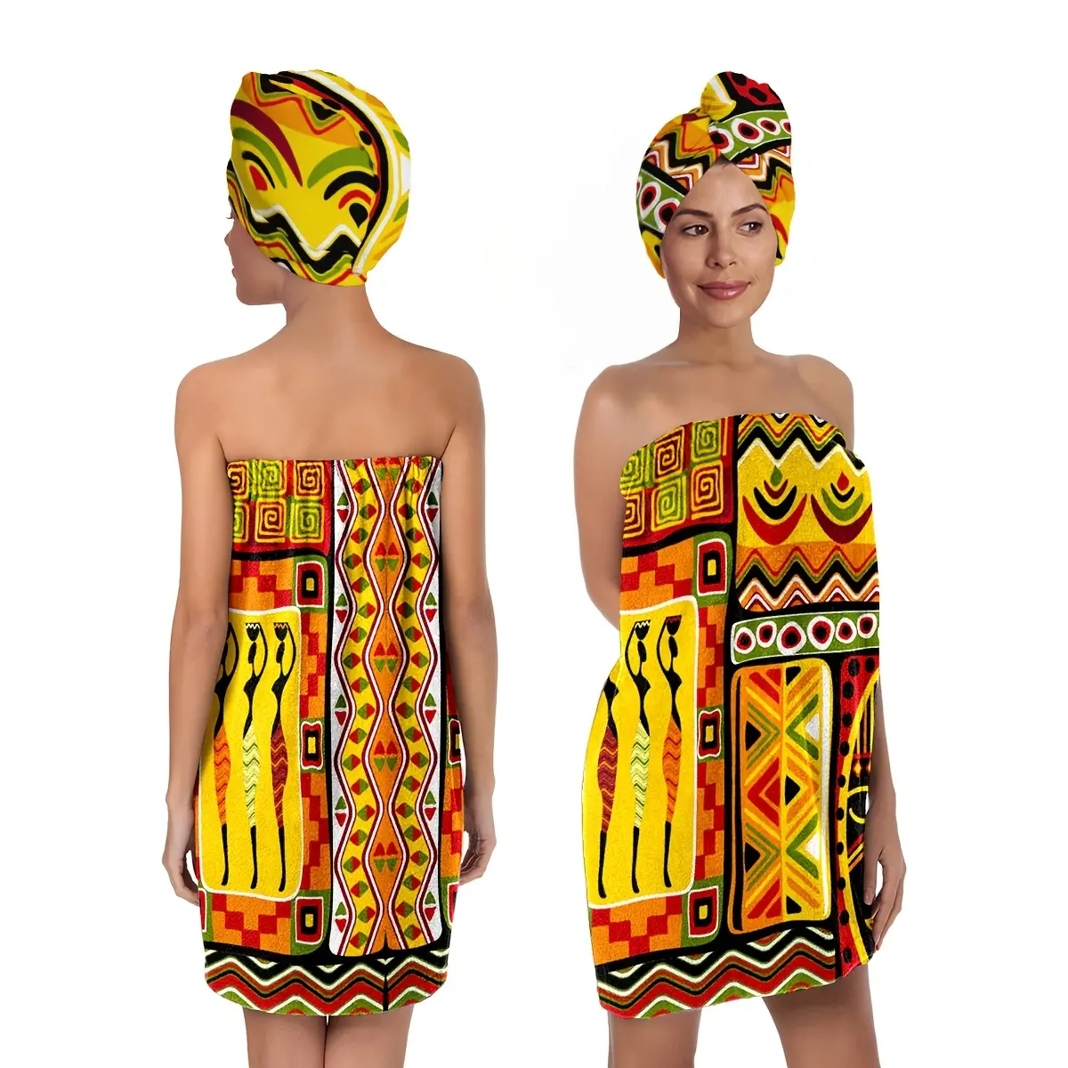 Retro Portrait Stripes Geometric Shapes Egypt 2pcs Large Size Bathrobe and Shower Cap Set, Extra Soft Striped Polyester SPA Towel Wrap, Suitable for Home, Travel, Sauna, Gym, Bathroom, Pool