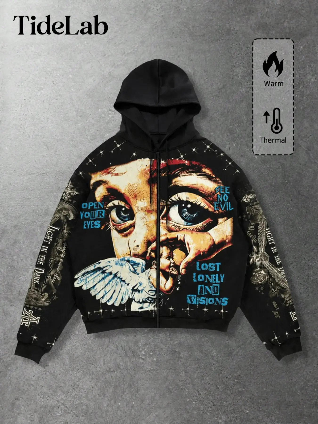 Unisex Zipper Hoodie with Retro Angel Eye Print, Warm Streetwear for Daily Outdoor Wear, Neutral Y2K Style, Perfect for All Seasons