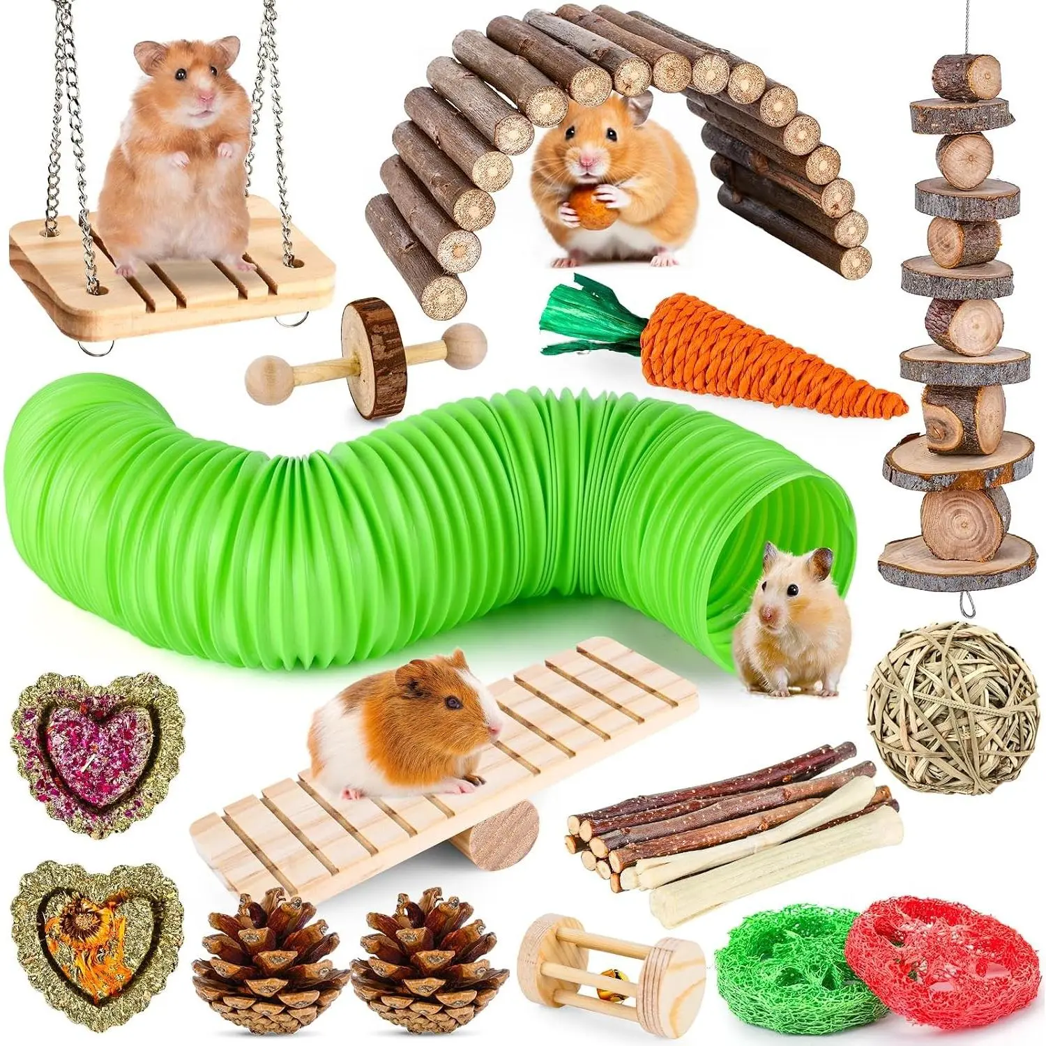 Hamster Toys Set, Guinea Pig Toys Small Animal Chewing Toy and Rat Cage Accessories, Chinchillas, Gerbils, Rats, Rabbit Rodents Teeth Care, Apple Wood Timothy Hay Mouse Toy Swing Seesaw BridgeGift