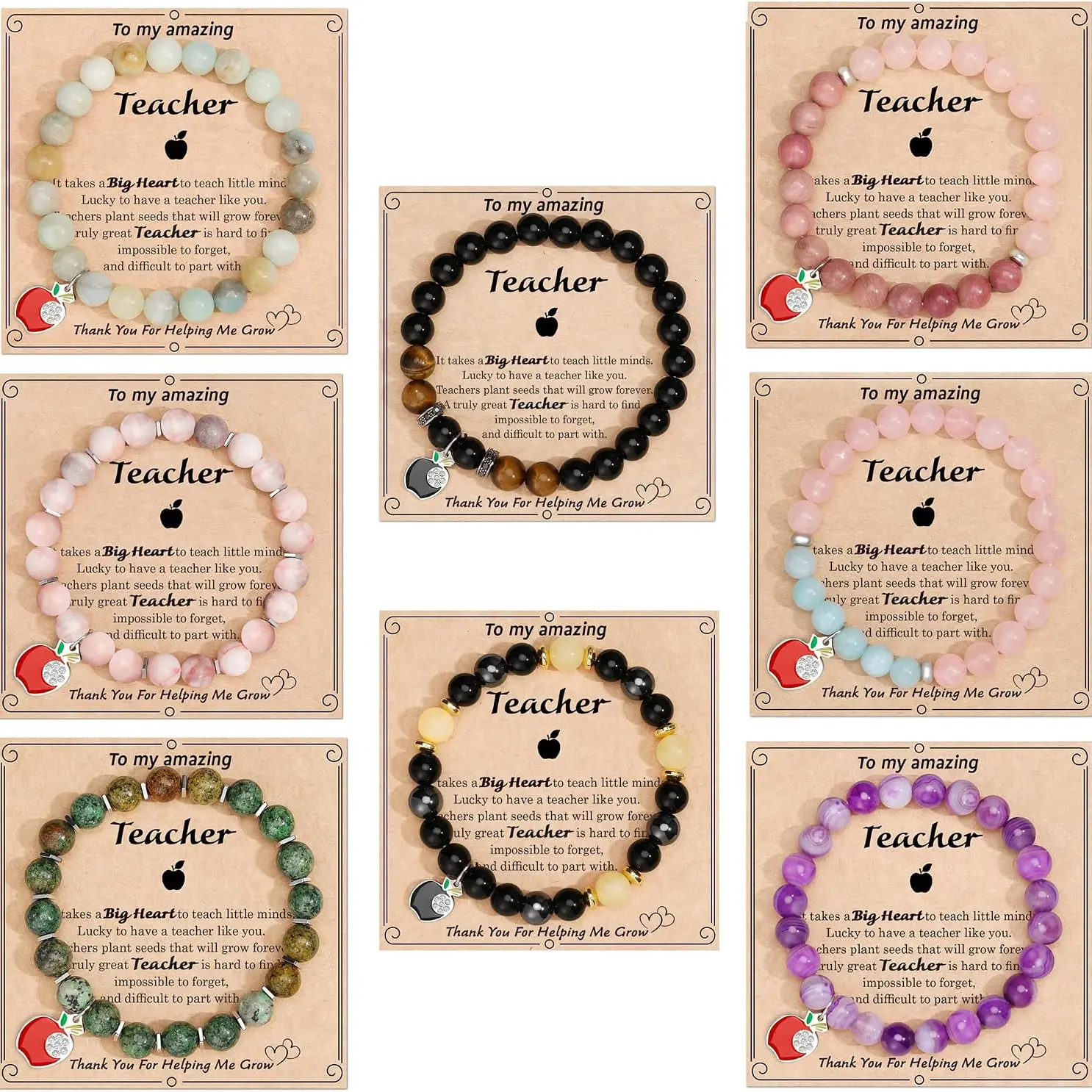 8-Piece Real Gemstone Bracelet Set for Women, 8mm Beaded Casual Stretch Jewelry, Thank You Gifts for Teachers with Charms, Teacher Gifts, Christmas, Jewelry For Women, Real Gemstones, 18Cm / 7.1 Inches, Stretch Bracelet, Adjustable Stretch Design