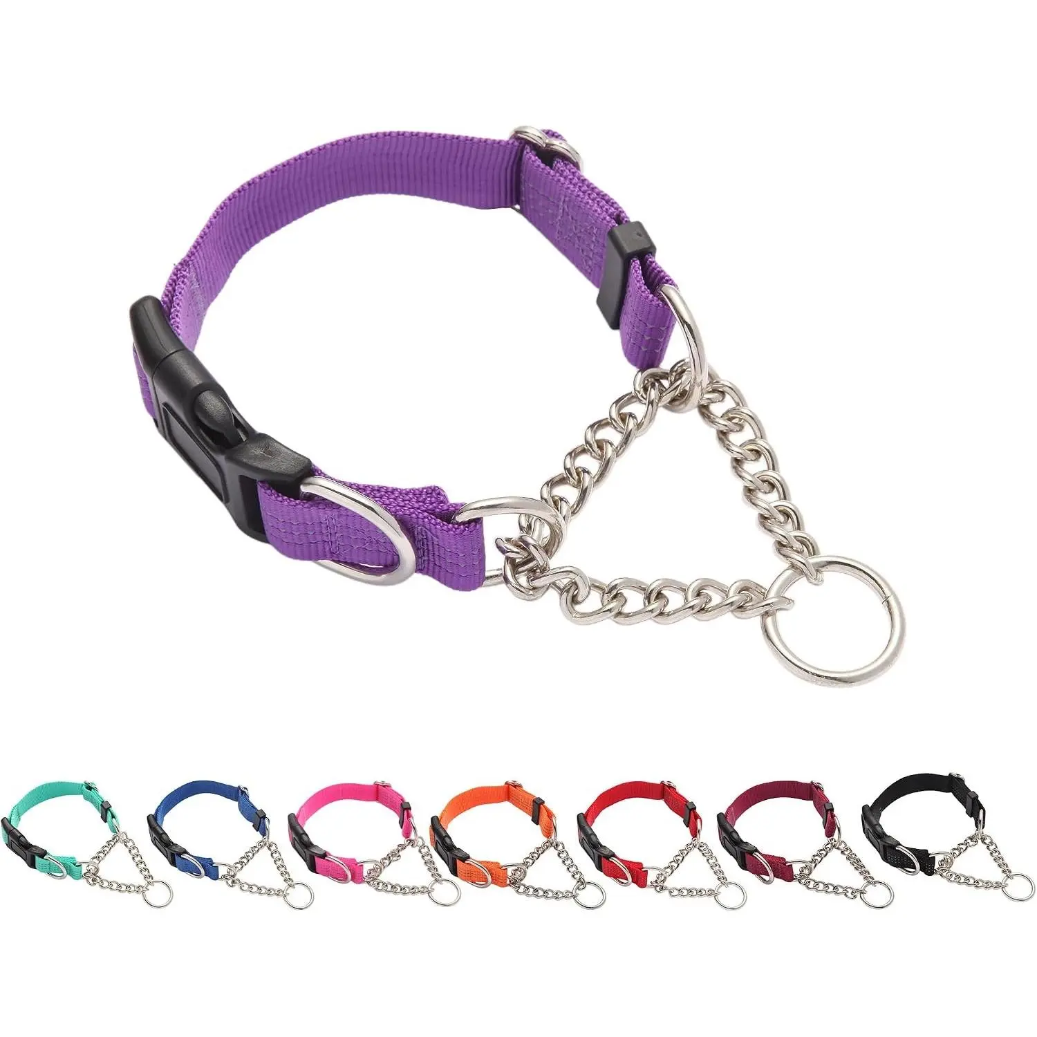 Martingale Dog Collar with Quick Release Buckle Steel Chain No Pull Training Reflective Collar for Medium Large Dogs(Purple, Large)