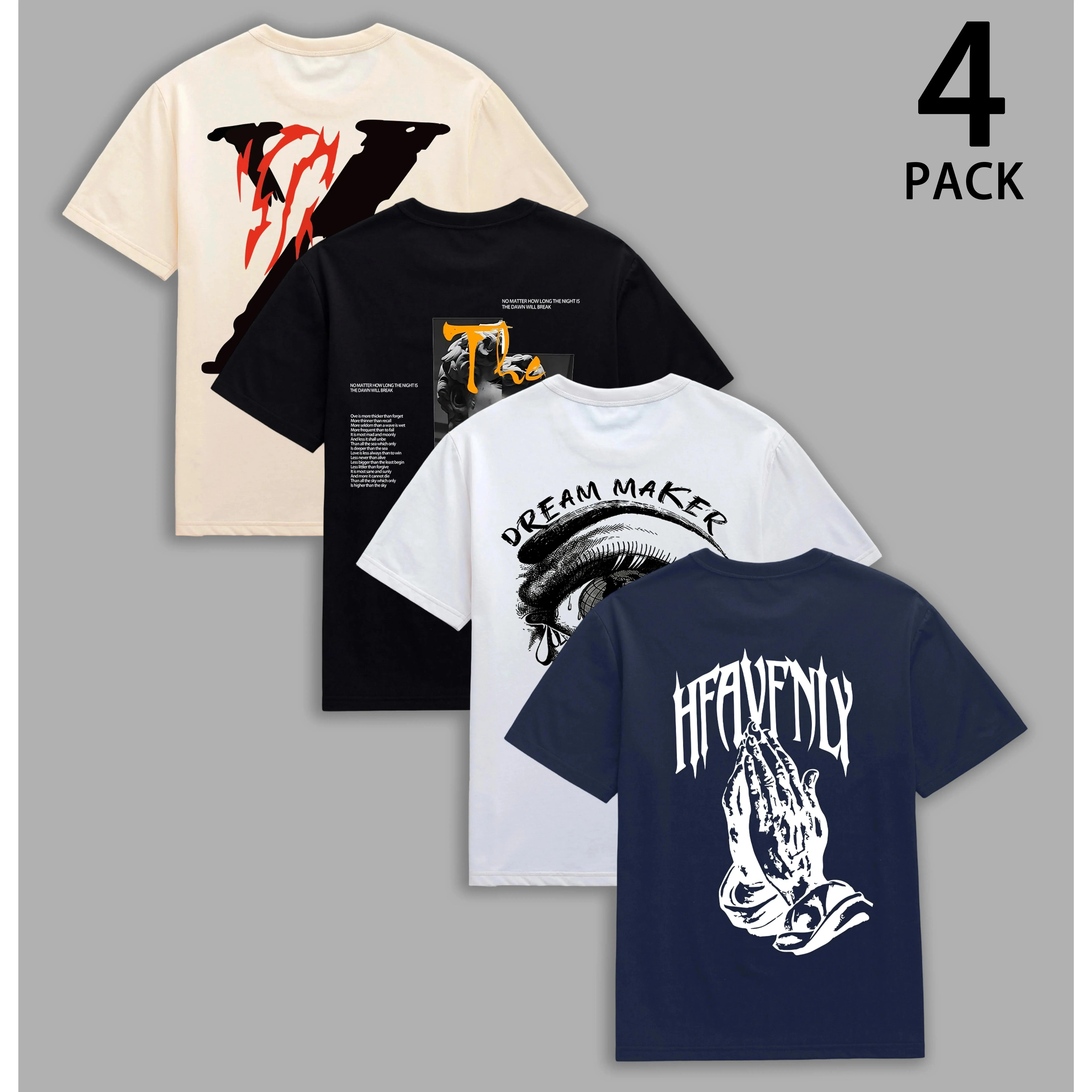 Men's 4-Pack Oversized Graphic T-Shirts - Menswear, Polyester Clothes, Short Sleeves, Round Neck, Medium Length, Casual Streetwear Tops, Back to School, Machine Washable Clothing