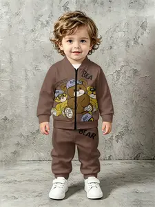 Dark brown two-piece kids outfit featuring a cool bear digital print jacket with layered hat design and matching trousers; stylish, trendy and casual boys' clothing set, suitable for baby boys' daily outings and outdoor sports, an ideal gift for baby boys