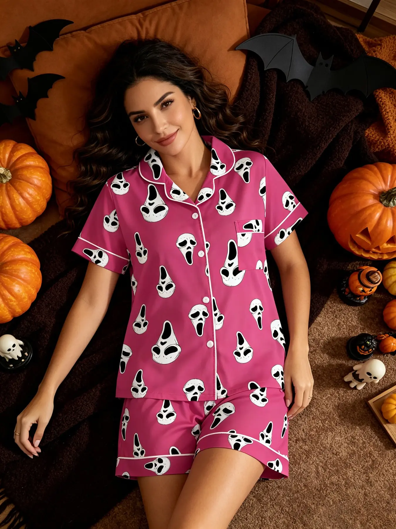 Women's Ghost Face Print Pajama Set, Comfortable Two-Piece Sleepwear, Short Sleeve Button-Up Top and Elastic Shorts, Casual Home Wear, Loungewear, Party Gift