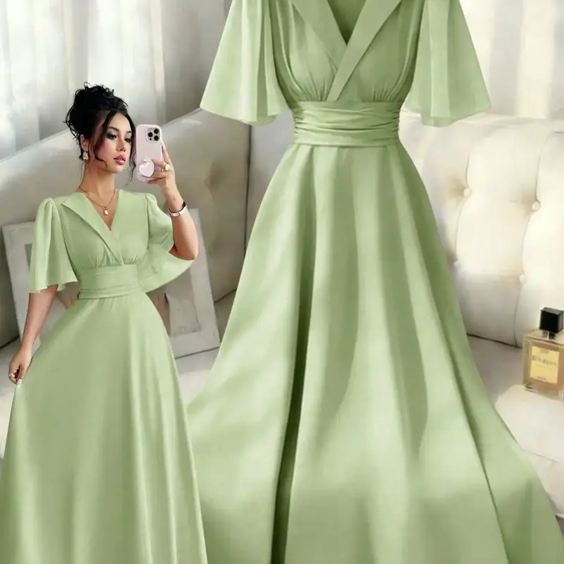 New Women's Lapel Neckline Dress, Waist Ruched Back Tie Chiffon Patchwork, Peplum Sleeves Design, Casual Elegant Summer Dress, Casual Summer Dresses