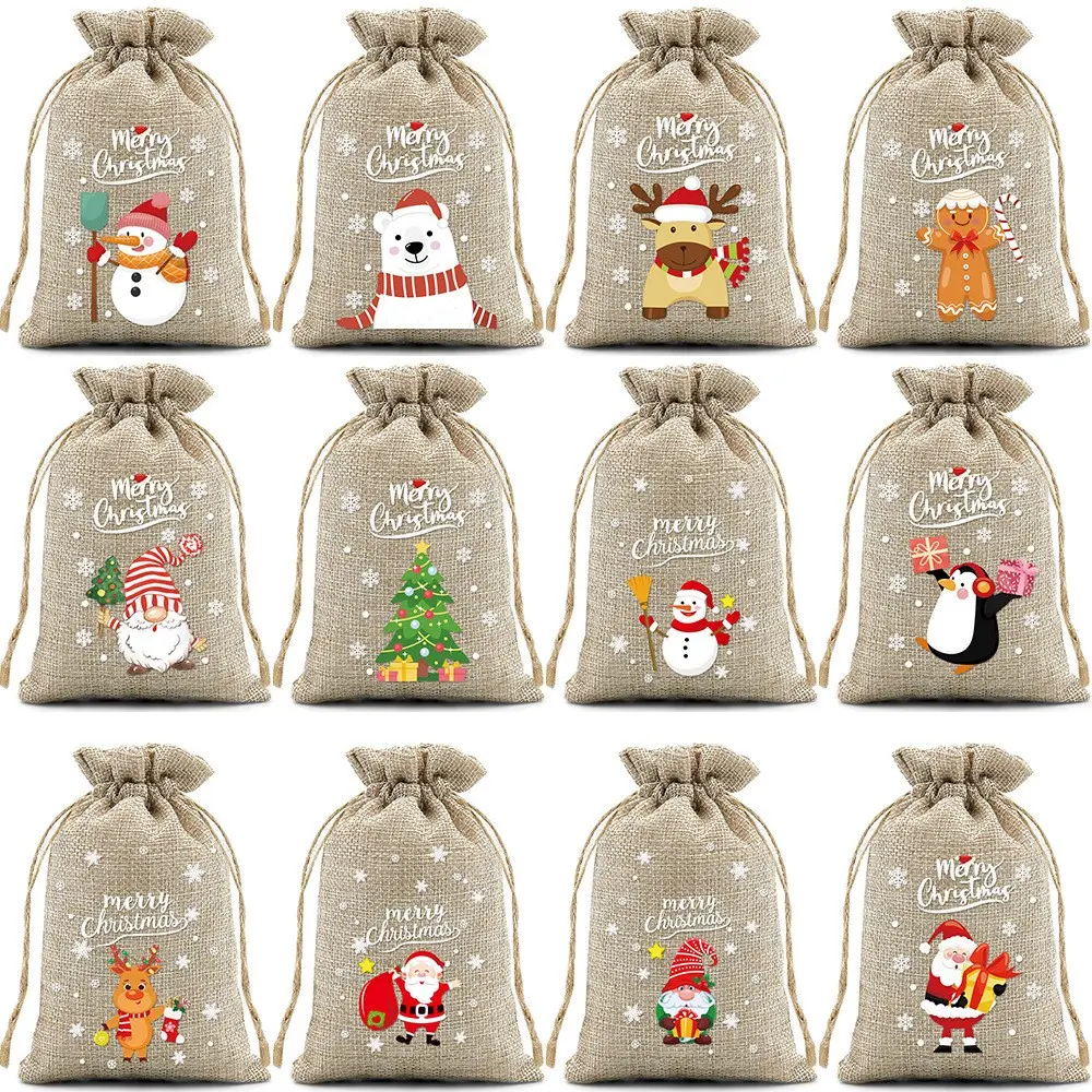 12pcs Reusable Linen Christmas Drawstring Bags - Cartoon Santa, Reindeer, Snowman, Christmas Tree Designs, Festive Party Supply Package & Gift Bags, Cartoon Santa Party Bags & Package
