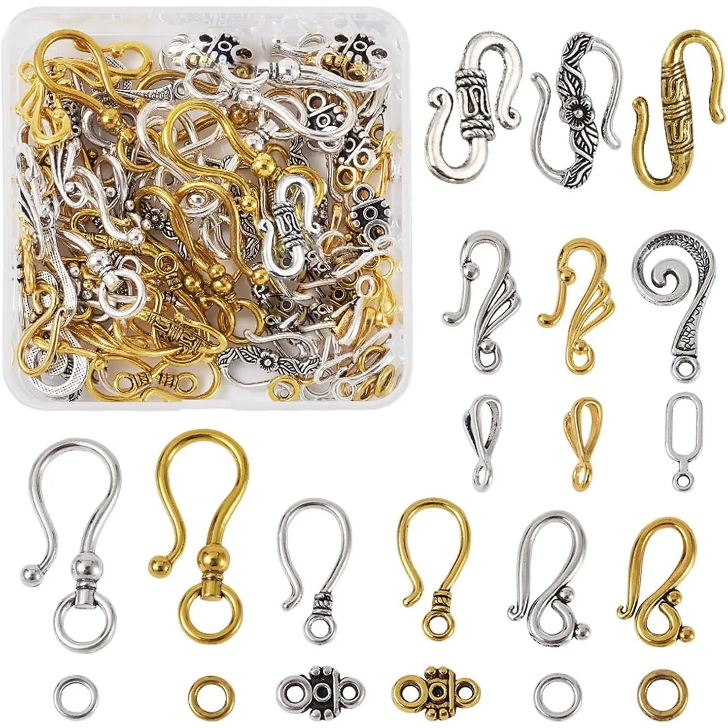Tibetan S Hook Ring Toggle Clasps - 60 Sets, 8 Styles, Multi-Size End Connectors for Jewelry DIY, Bracelet Making