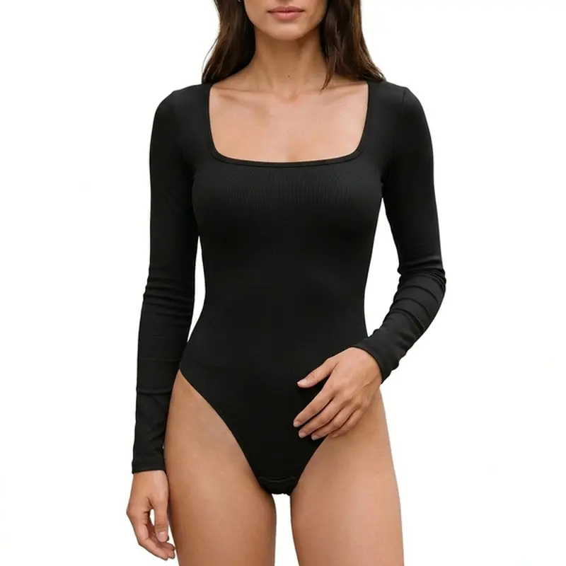 Women's Long Sleeve Stretch Thong Bodysuit, Crew Neck Top for Daily Wear and Spring Layering