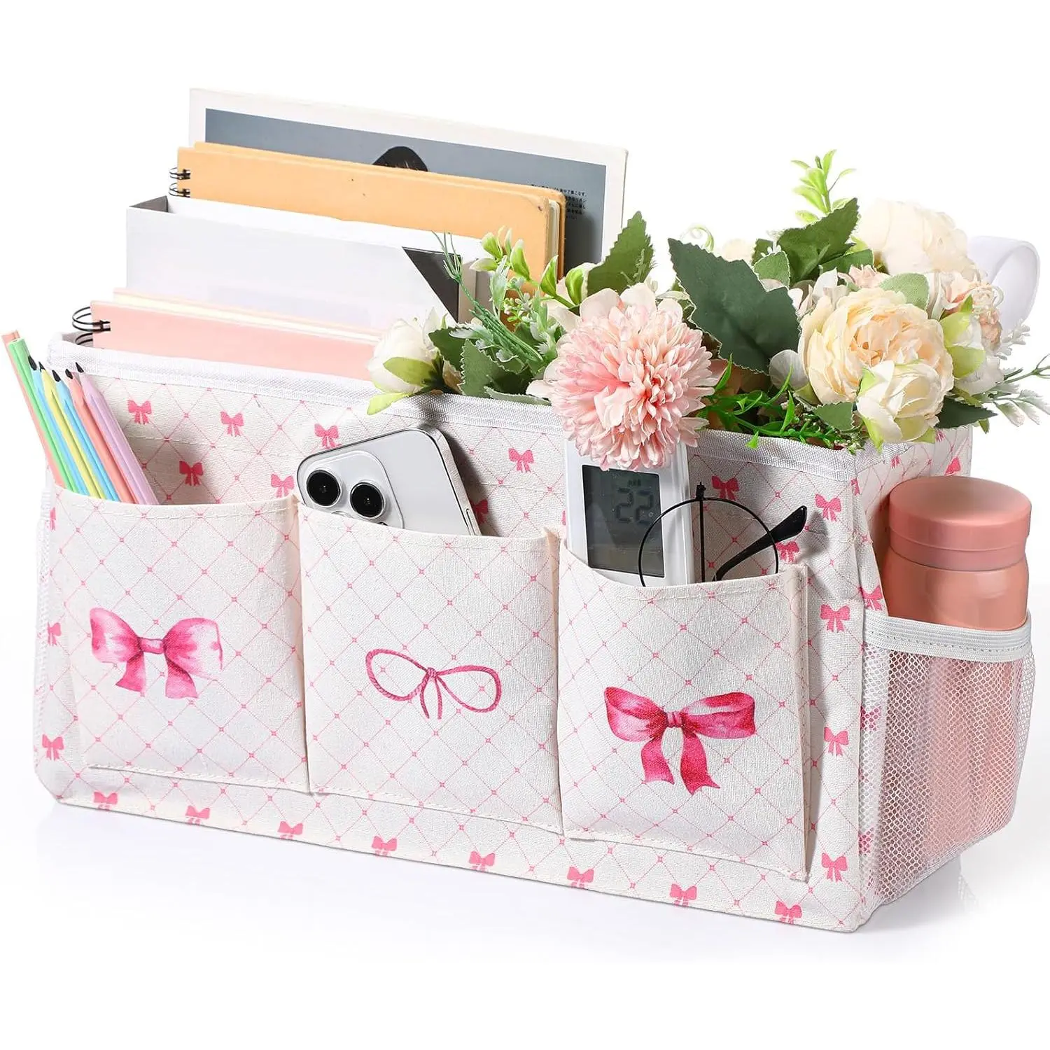 Pink Bow Bedside Caddy, Cute Bow Bedside Organizer, Pink Coquette Aesthetic Hanging Storage Caddy Bag with Fixed Strap and Water Bottle Holder for Home, College, Dorm, Bunk, Hospital, Bed Rail