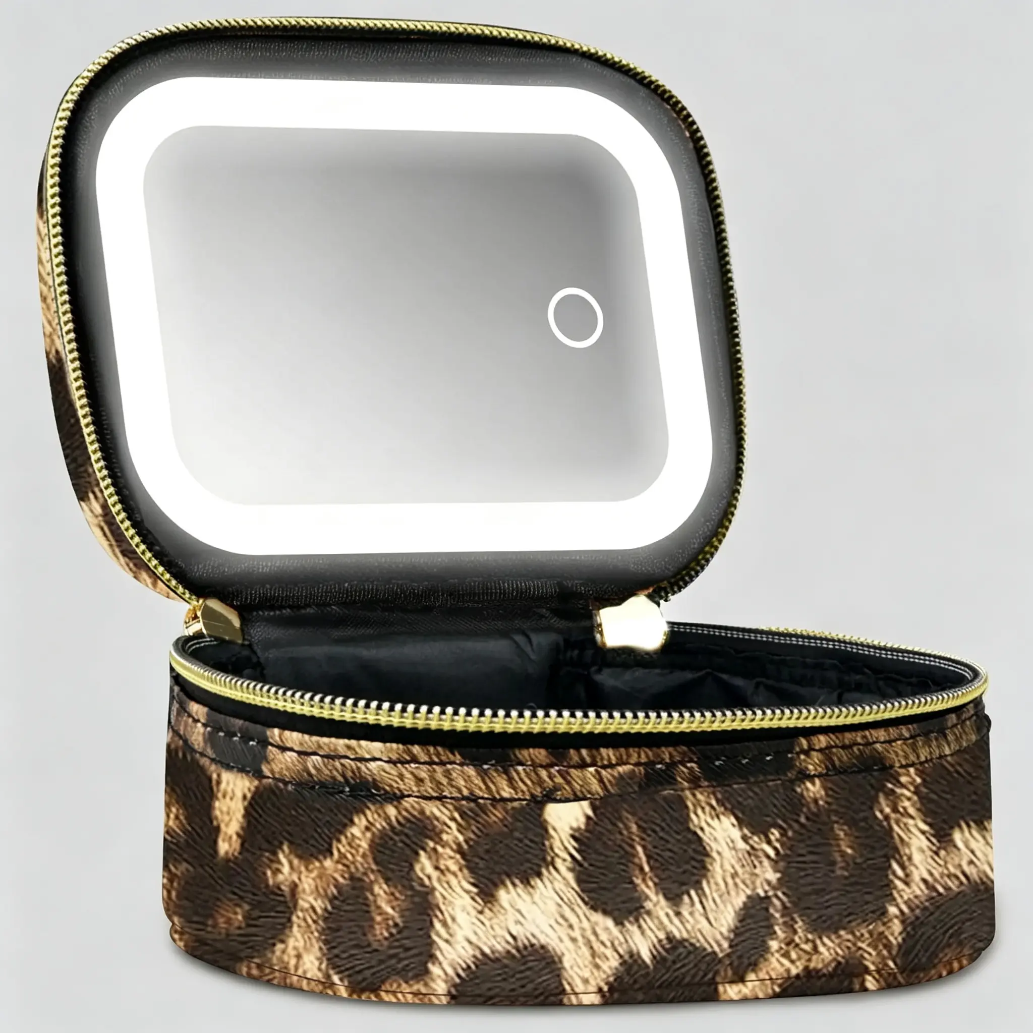 Leopard Print Mini Makeup Bag with Lighted Mirror and 3 Adjustable Brightness Levels, Portable Travel Train Case for Women, Artist Storage Organizer, Mini Size, Compact, Travel Use