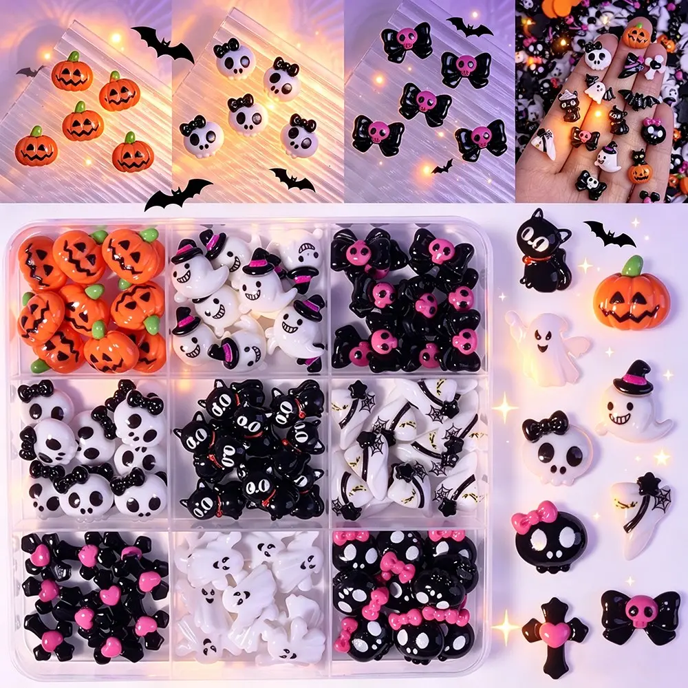 90 Pcs Halloween Nail Art Charms Set, 3D Resin Gothic Designs, Ghost Skull Cat Pumpkin Cross Bowtie, Nail Art Accessories for Women