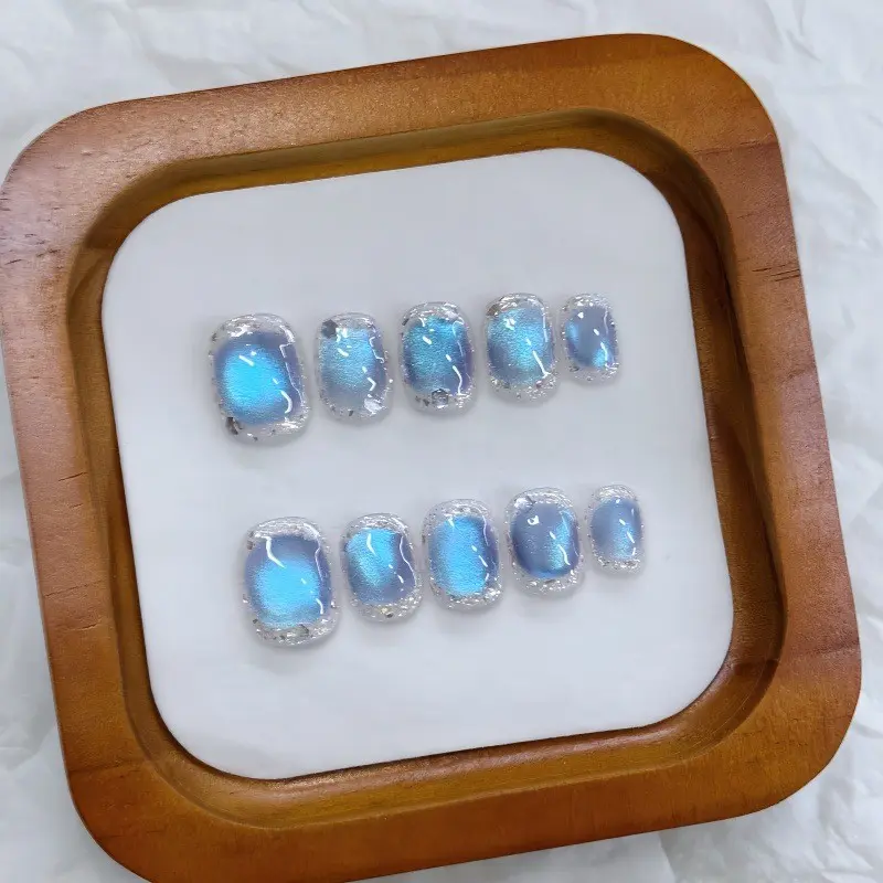 10pcs Light Blue Cat Eye Press-On Nails, Press On Sets, Nail Art, Short Ballerina Shape, Plain Surface, Removable Fake Nails for Women and Girls, Perfect Gift, Removable False Nails