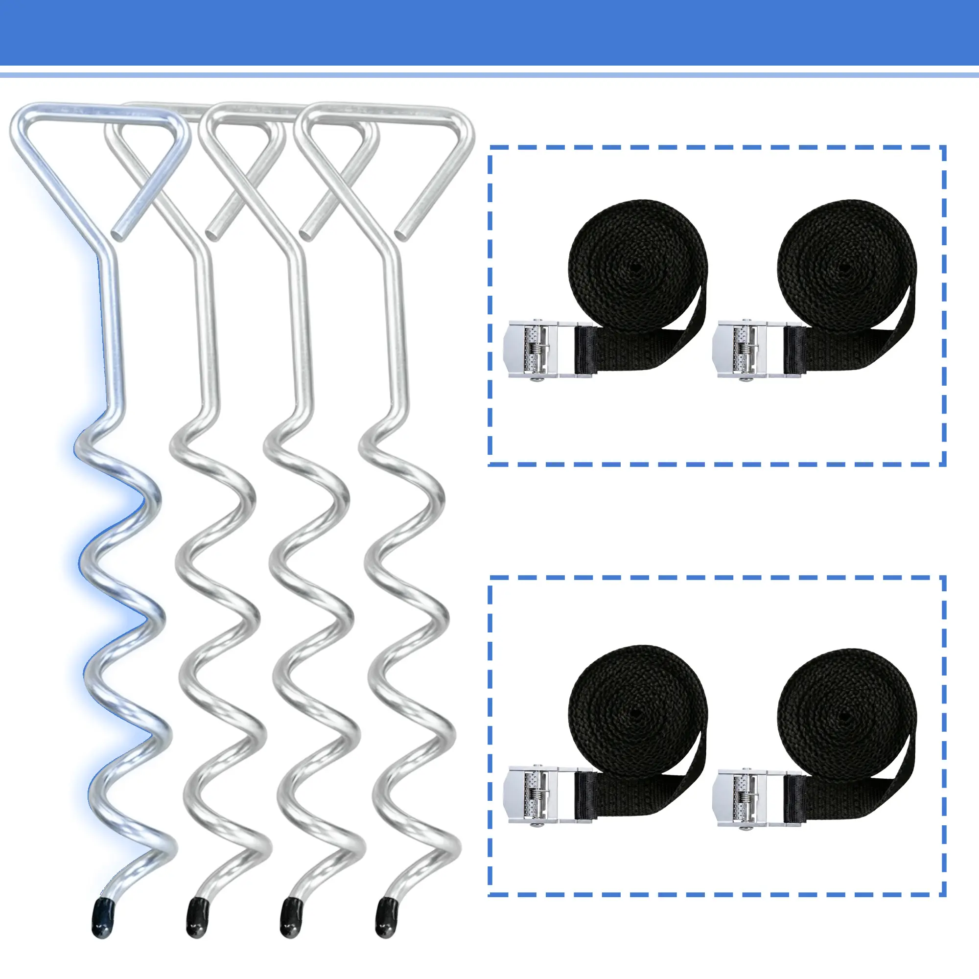 ARCH 4-Pack Heavy Duty Steel Windproof Trampoline Stakes Anchor Kit, Corkscrew Anchor with Reinforced Safety Straps, Secure Tie-Down for Trampoline, Tent, Outdoor Equipment (Iron Material, Silver Color), Functional, Weatherproof
