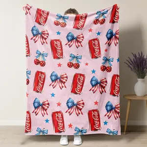 Coca-Cola USA Flannel Throw Blanket,Coca-Cola Can with American Flag Bow & Cherry Print Soft Fleece Blanket,Cute 4th of July Soda Lover Home Decor Sofa Blanket, Perfect Gift for Coca-Cola Fans & Coquette Lovers,summerwins