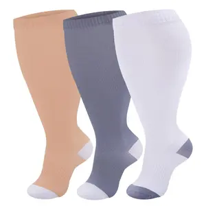 Women's Plus Size Wide Calf Compression Socks (3-Pair Basic) - Soft Nylon Knit, Moisture-Wicking, Breathable, Non-Binding Comfortable Fit for Leg Support, Outdoor, Fitness Coordinate Wear