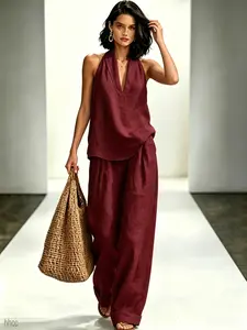 Women's Deep V Halter Two-Piece Set, Loose-Fit Wide-Leg Pants, Boho Style, Breathable Summer Vacation, Coastal Relaxation Look