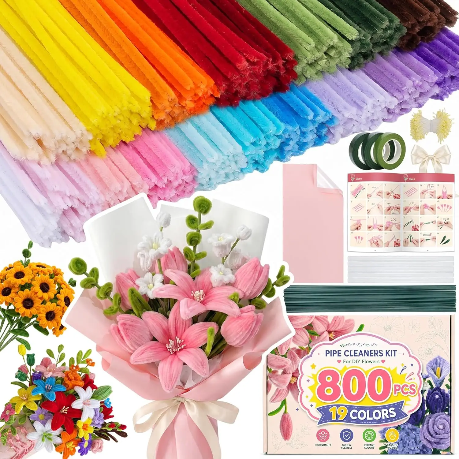 800 count Pipe Cleaner Flower Kit, 19 Colors Pastel Pipe Cleaners Bulk, Rainbow Pipe Cleaner Craft with 18  Instruction, Colorful Chenille Stems, Floral Wire Stems, DIY Making for Arts