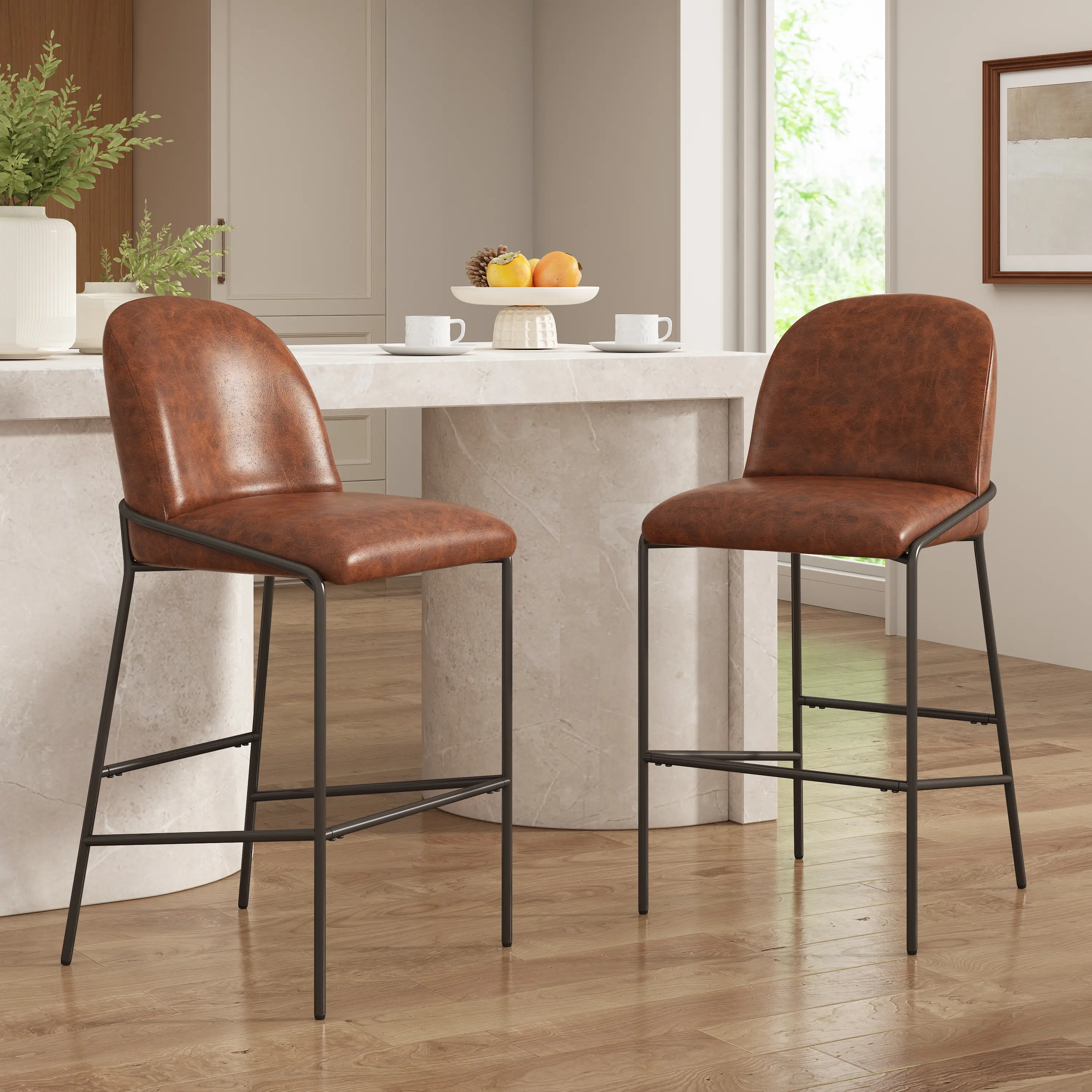 ARCH Galen Classic Industrial 2-Piece Armless Counter Height Stools - Antique Bronze Metal Frame, Brown PU Leather Upholstery, 2 Seats Home Furniture for Kitchen Island, Home Bar