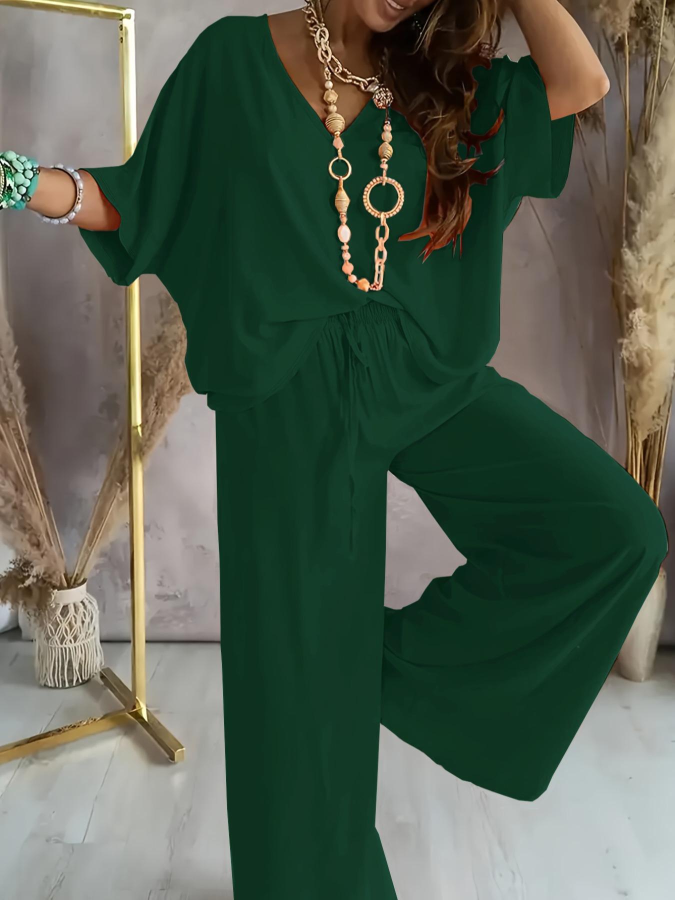 Women's V Neck Short Sleeve Loose Knit Wide Leg Pants Set, Casual Home Wear Two-Piece, Comfortable and Stylish Clothing