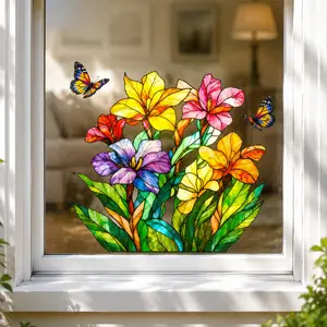 Stained Glass Flower Window Cling Static Cling Window Sticker Colorful Floral Butterfly Sun Catcher Decal Removable No Glue Privacy Film for Home Kitchen Bedroom Bathroom Glass Decoration