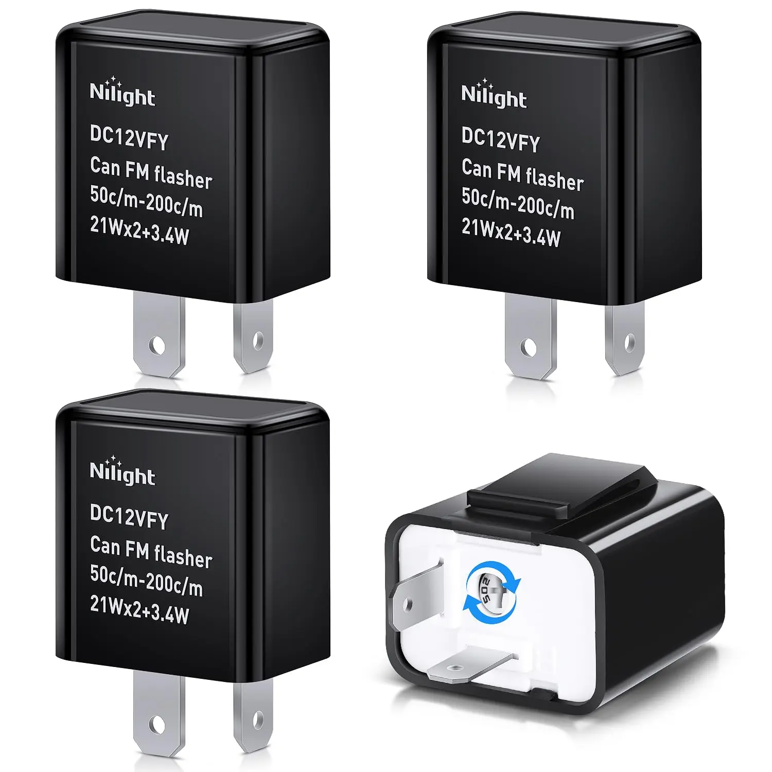Nilight 4PCS 2-Pin Adjustable 12V Electronic Flasher Relay Set Pack - Fixes Motorcycle Blinks Issues, Compatible with LED/Halogen Bulbs, 0.02A-12A Current, 60-95 Times/Min Flash Rate, Works with Motorcycle Power Supplies