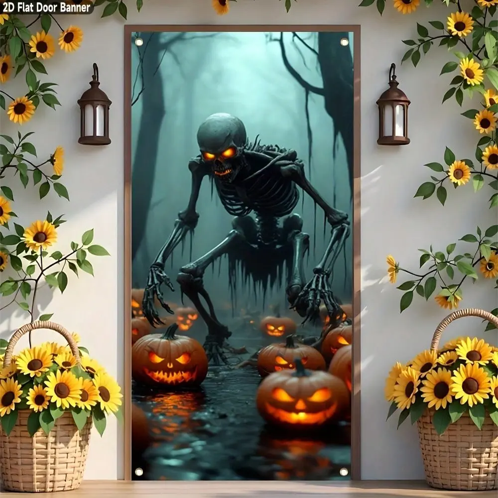Halloween Decoration Banner, Glowing Pumpkin Skull Design, Indoor Outdoor Use, Polyester Material, Perfect for Horror Parties, Polyester Backdrop Banner