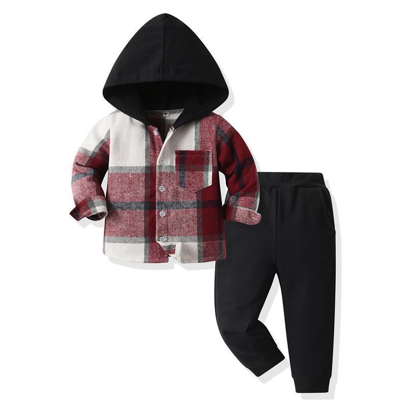 Toddler Boys Plaid Hooded Shirt & Khaki Sweatpants Set, Fashionable Long Sleeve Button-Down Top with Pocket, Comfortable Joggers for Kids, Perfect for Autumn/Winter Daily Wear & Outdoor Activities