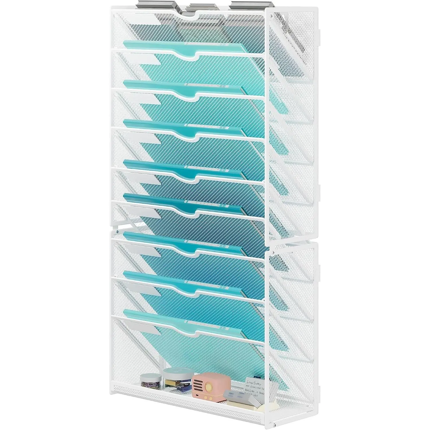 10-Tier Hanging Wall File Folders Organizer - White Metal Mesh Paper Magazine Document Mail Holder File Organizer for Office School Home Wall Mount or Desk Supplies Organization