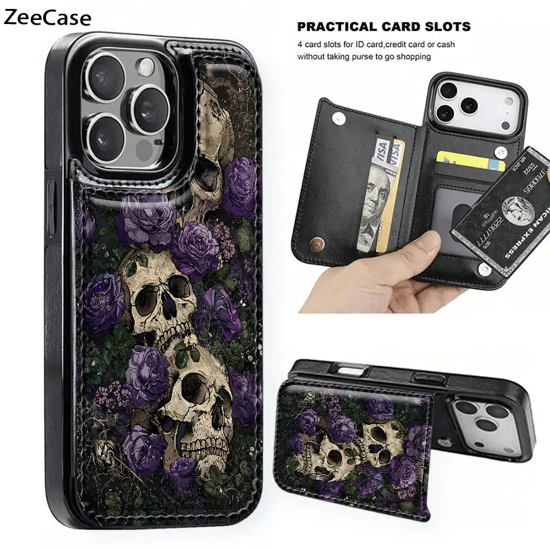 Phone Case - Retro Head Surrounding Deep Purple Rose Flip Wallet Card Bag Wallet Phone Case with Bracket 3 Card Slot, Suitable for iPhone 17/16/15/14/13/12/11/Plus/Pro/ProMax/Air/X/SS/XSMAX and Samsung, Birthday Gift, Holiday Gift, Valentine's Day Gift