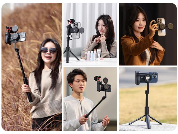 ULANZI Phone Camera Grip MA35, 2-in-1 Magnetic & Phone Clip Camera Grip Handle Holder with Detachable Remote Shutter with Cold Shoe Adapter for iPhone Samsung Smartphone, Vlog Selfie