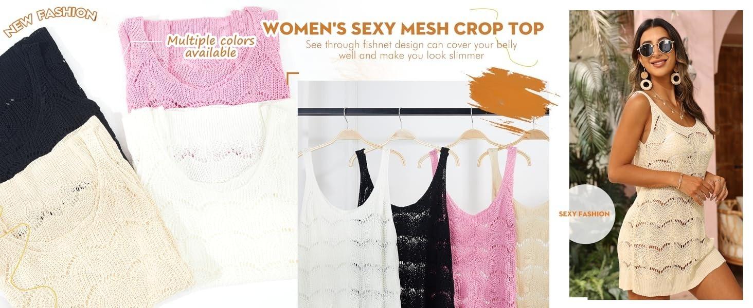 Saodimallsu Womens Sexy Crochet Cover Up Swimwear Mesh Dress See Through Fishnet Beach Swimsuit Top