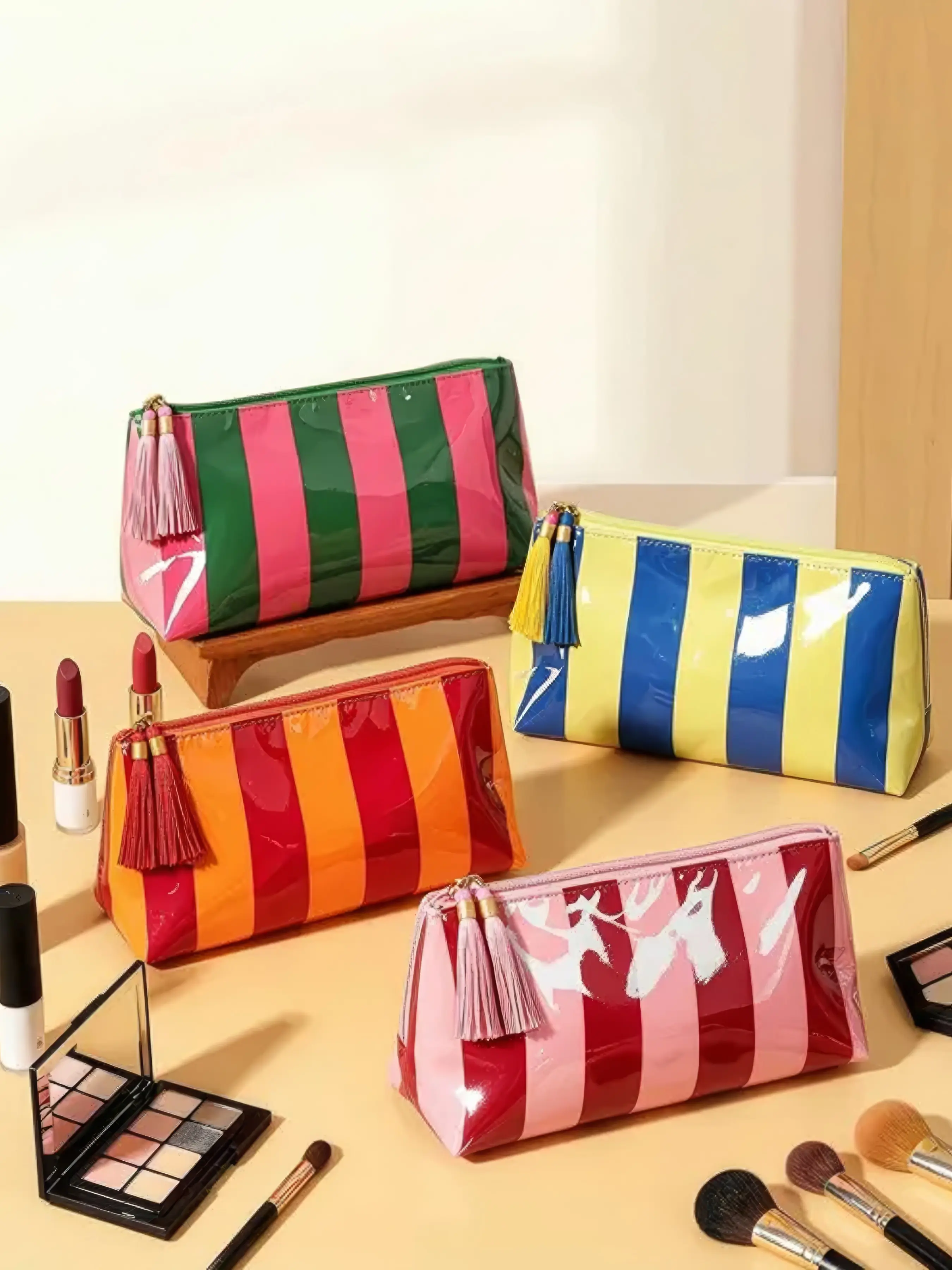 Large Capacity PVC Waterproof Makeup Bag, Striped Cosmetic Travel Toiletry Organizer, Tassel Zipper, Portable Storage Pouch for Women, Cosmetic Bag for Purse